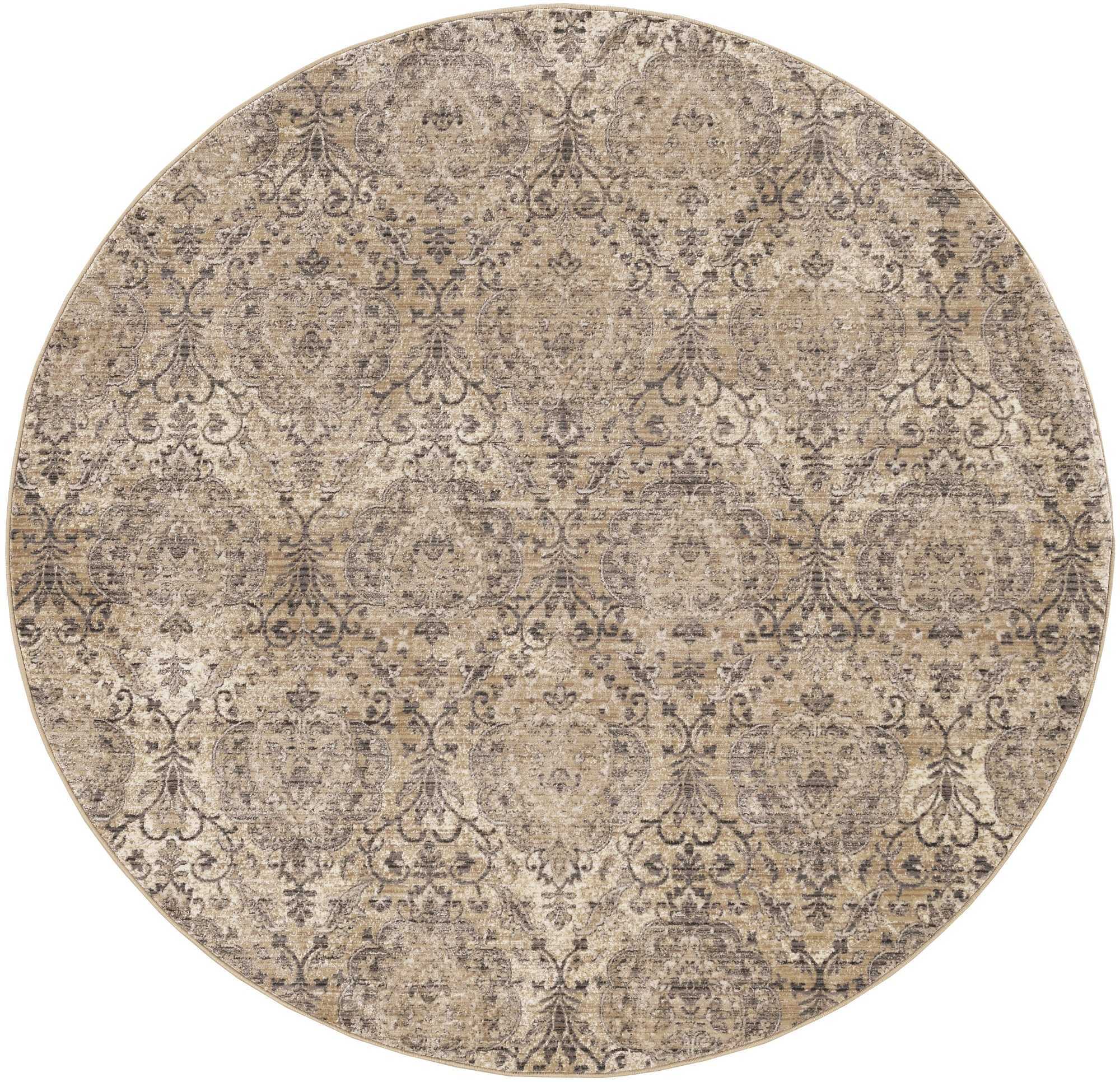 7' Sand Grey Machine Woven Distressed Traditional Round Area Rug