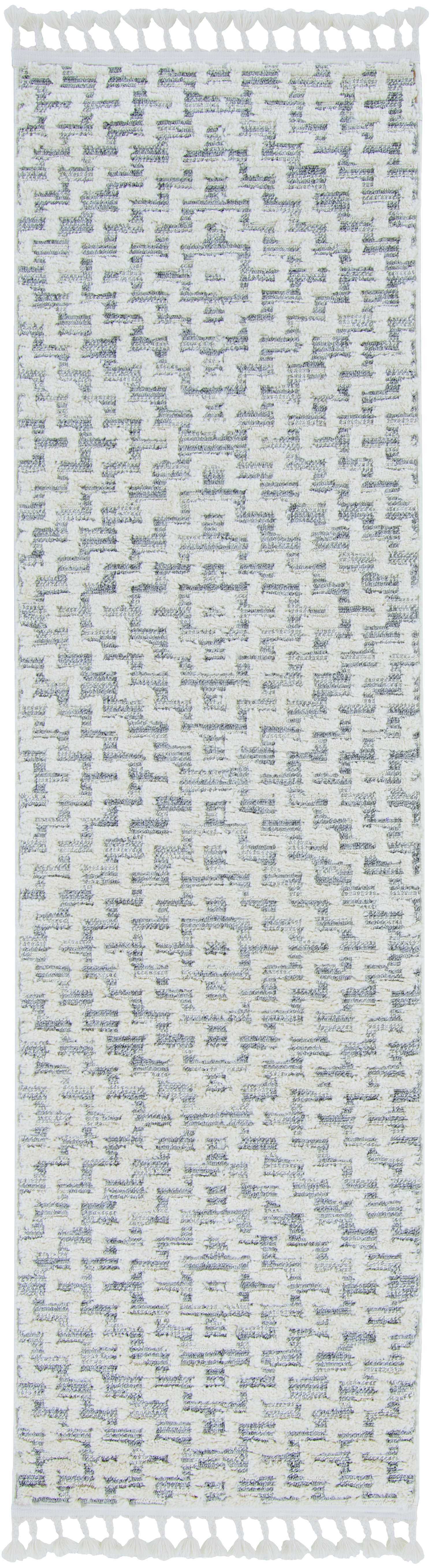 3' X 5' Ivory Grey Zigzag Diamonds Area Rug With Fringe