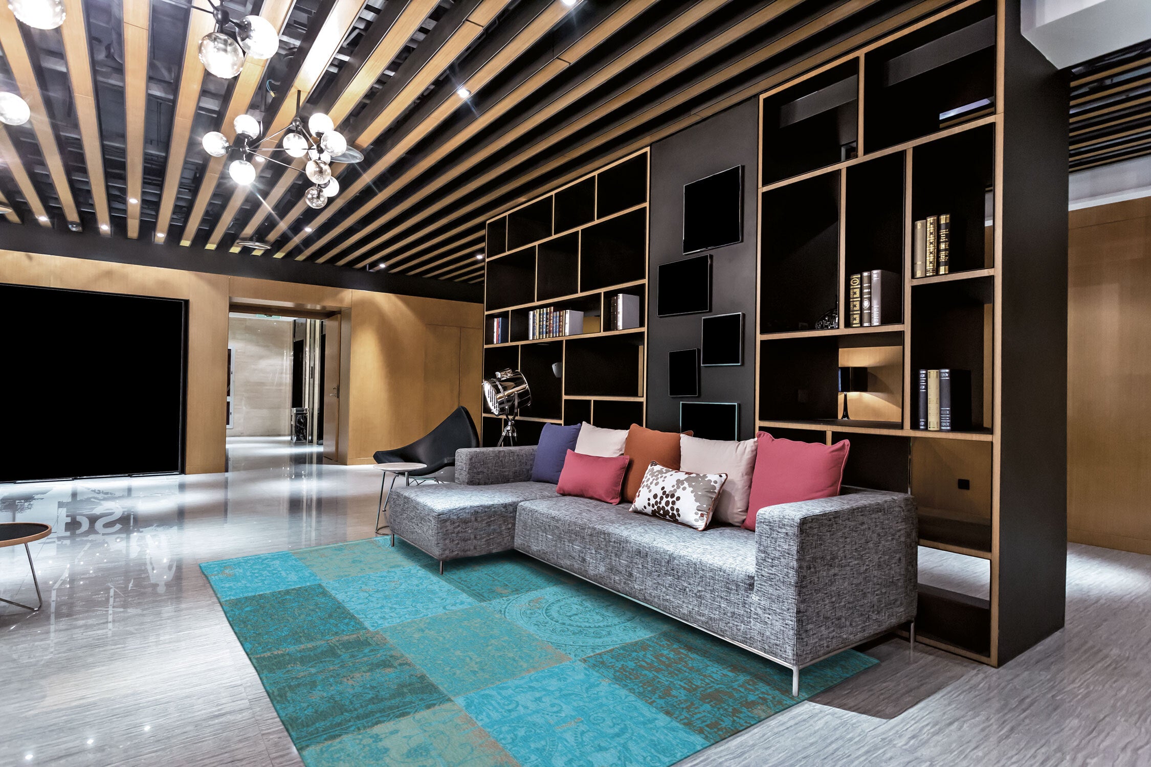 6' X 7'  Azur Light Blue Dark Blue And Red Patchwork Design Area Rug