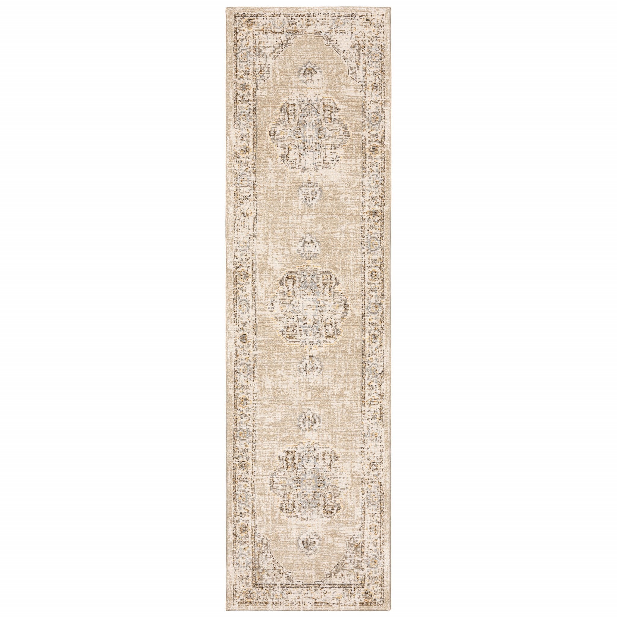 2'X8' Beige And Ivory Center Jewel Runner Rug