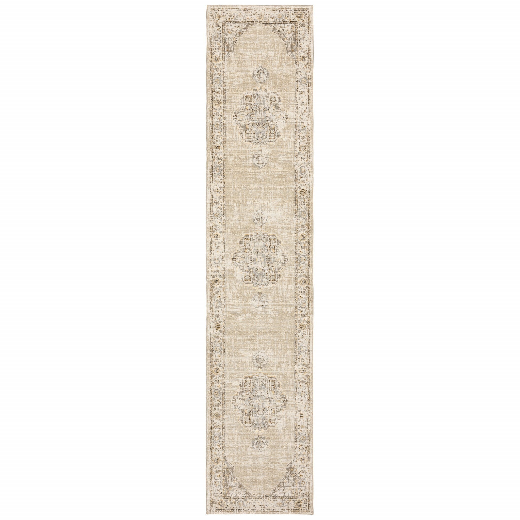 3'X12' Beige And Ivory Center Jewel Runner Rug