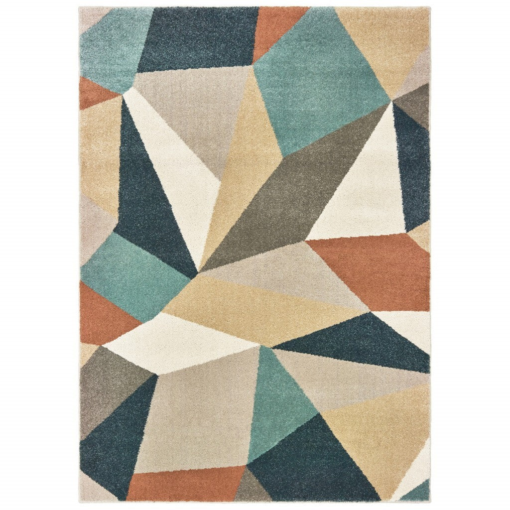 7' X 10' Blue Green Beige Retro Wedge Indoor Area Rug