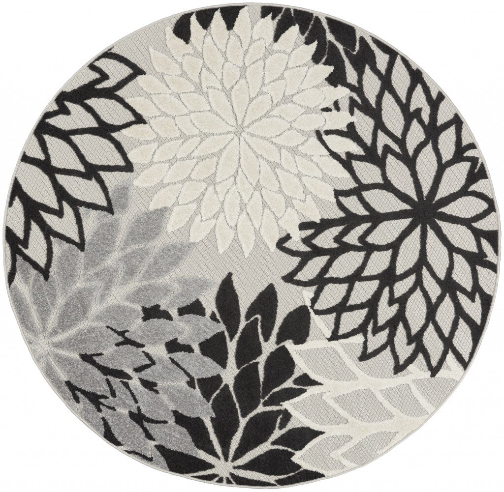 5' Round Black Gray White Indoor Outdoor Area Rug