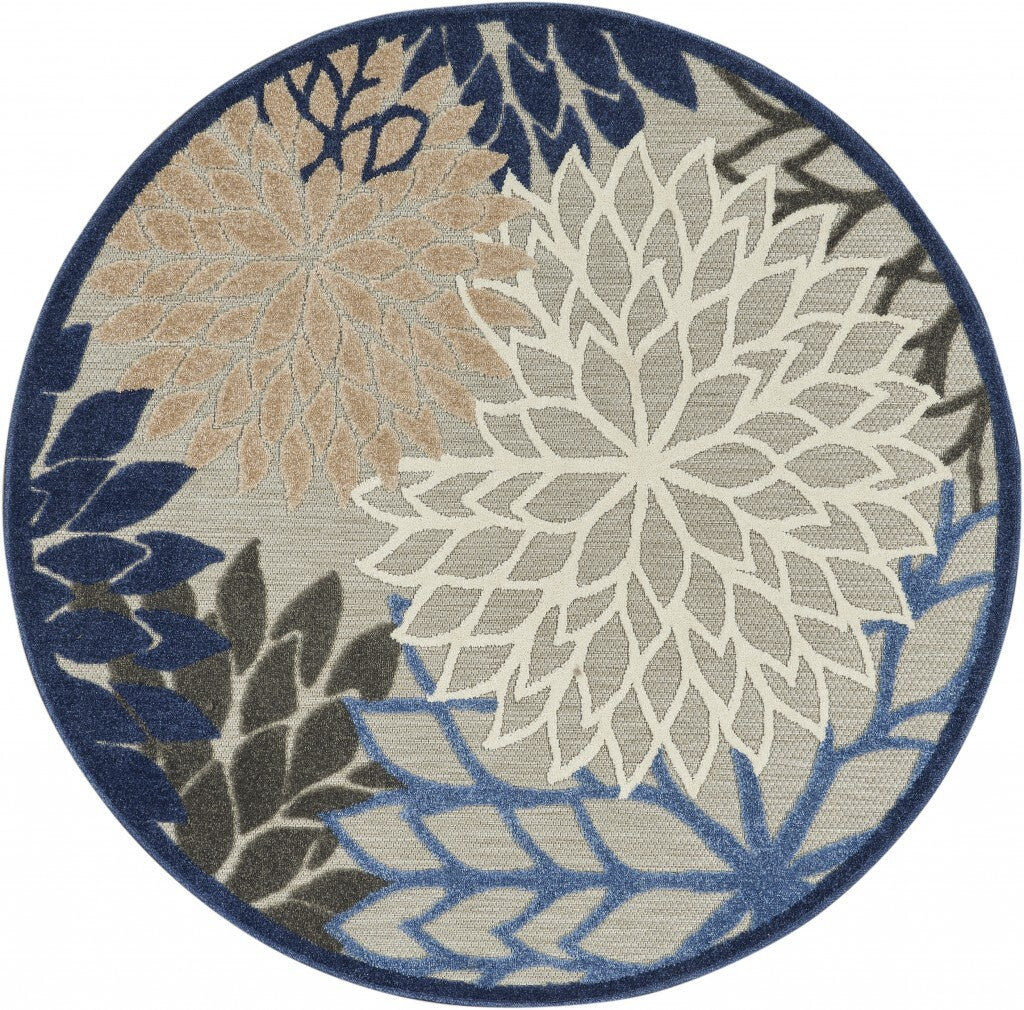 4' Round Blue Large Floral Indoor Outdoor Area Rug