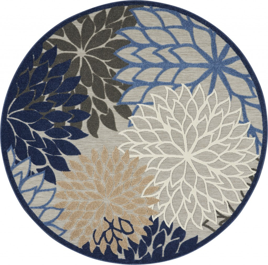 8' Round Blue Large Floral Indoor Outdoor Area Rug