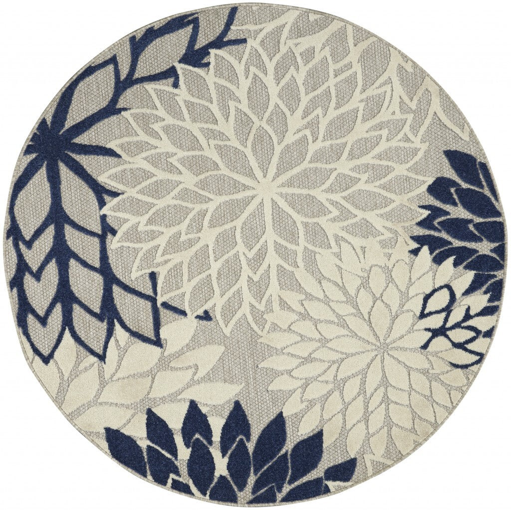 4' Round Ivory And Navy Indoor Outdoor Area Rug