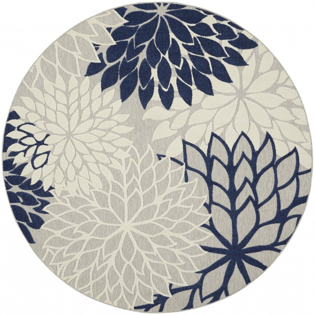 8' Round Ivory And Navy Indoor Outdoor Area Rug