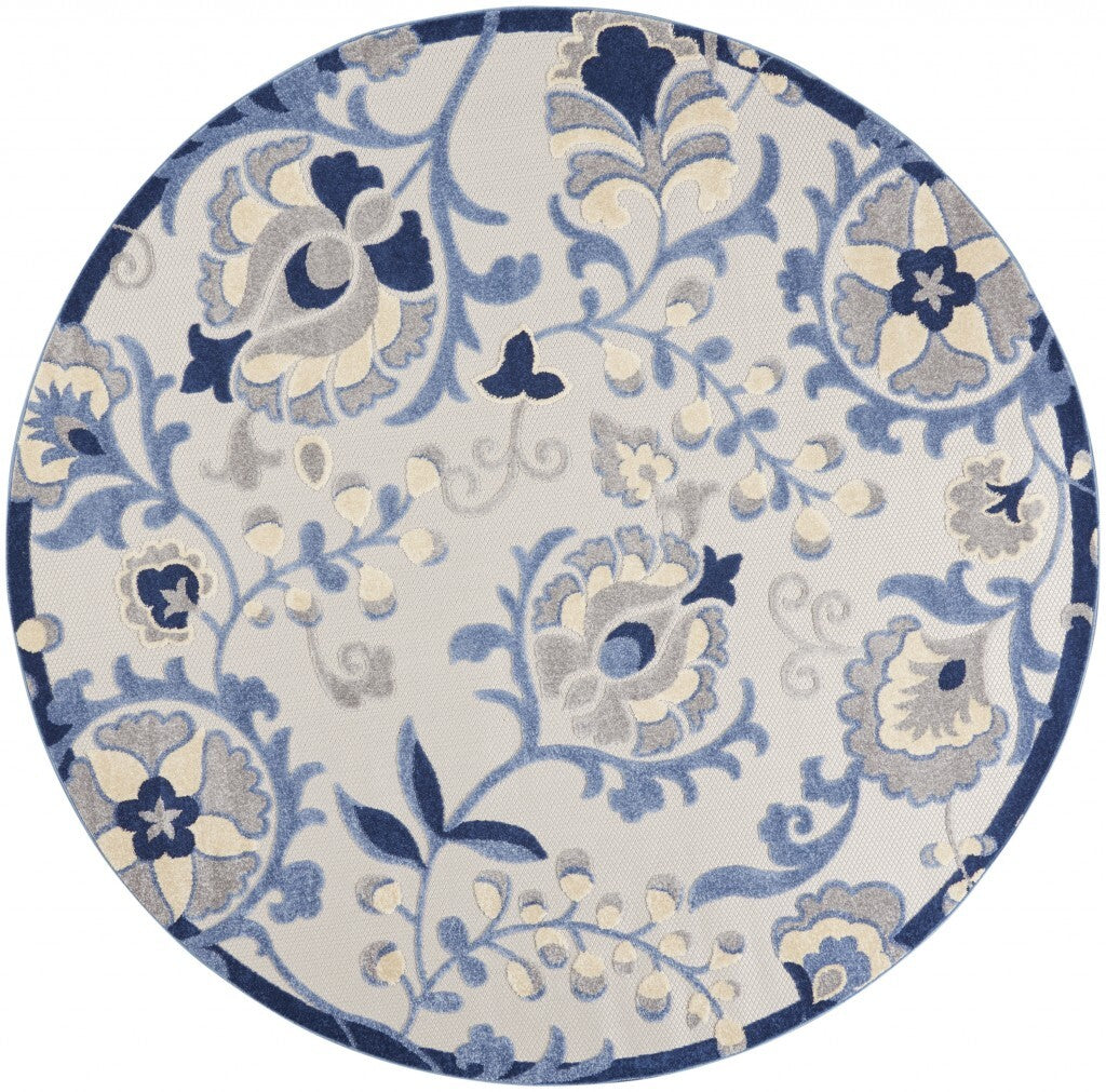 8' Round Blue And Gray Indoor Outdoor Area Rug