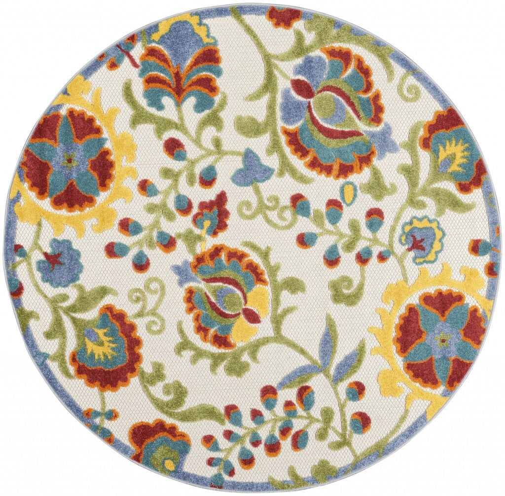 5' Round Ivory Multi Floral Indoor Outdoor Area Rug