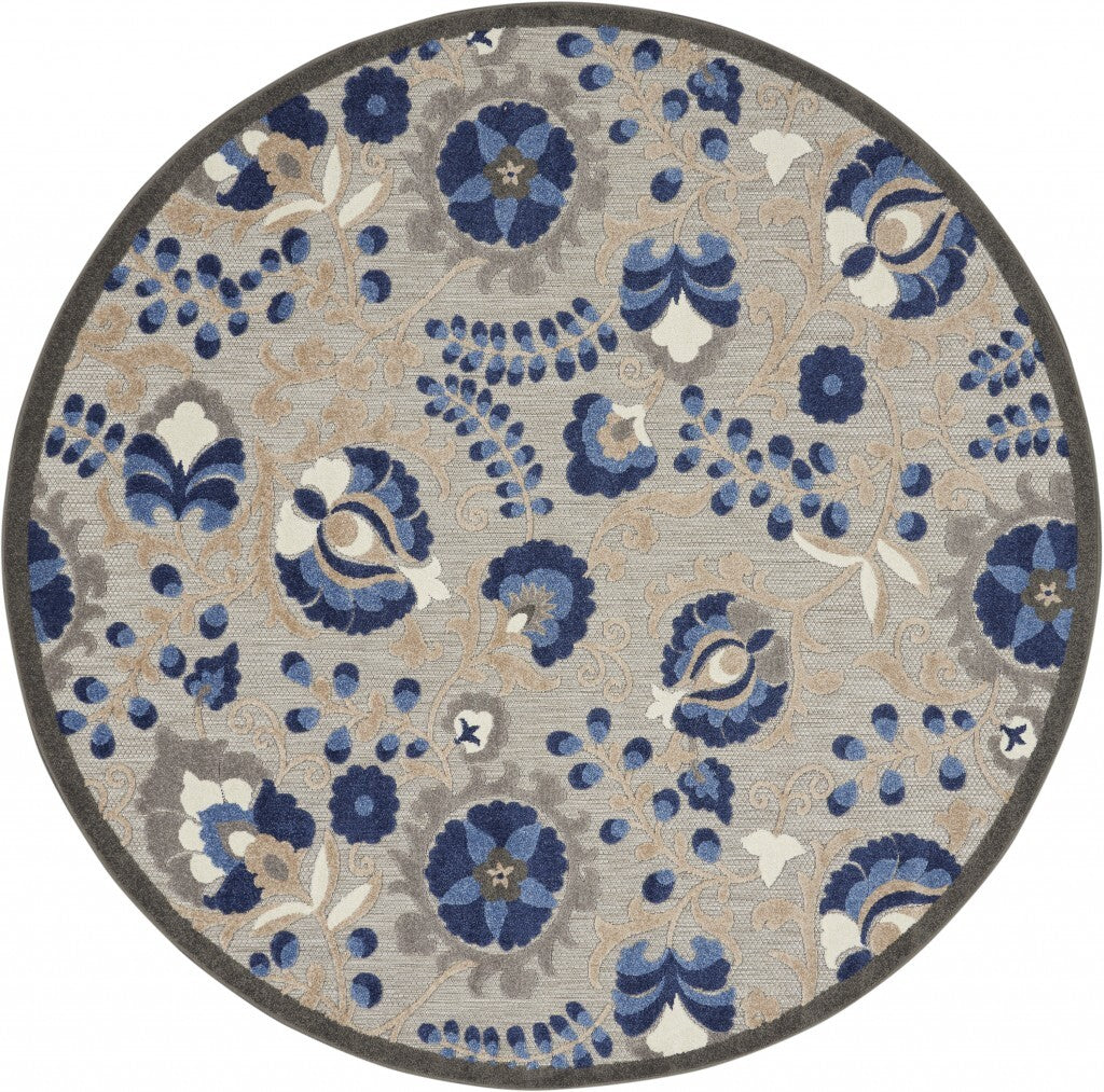 4' Round Natural And Blue Indoor Outdoor Area Rug