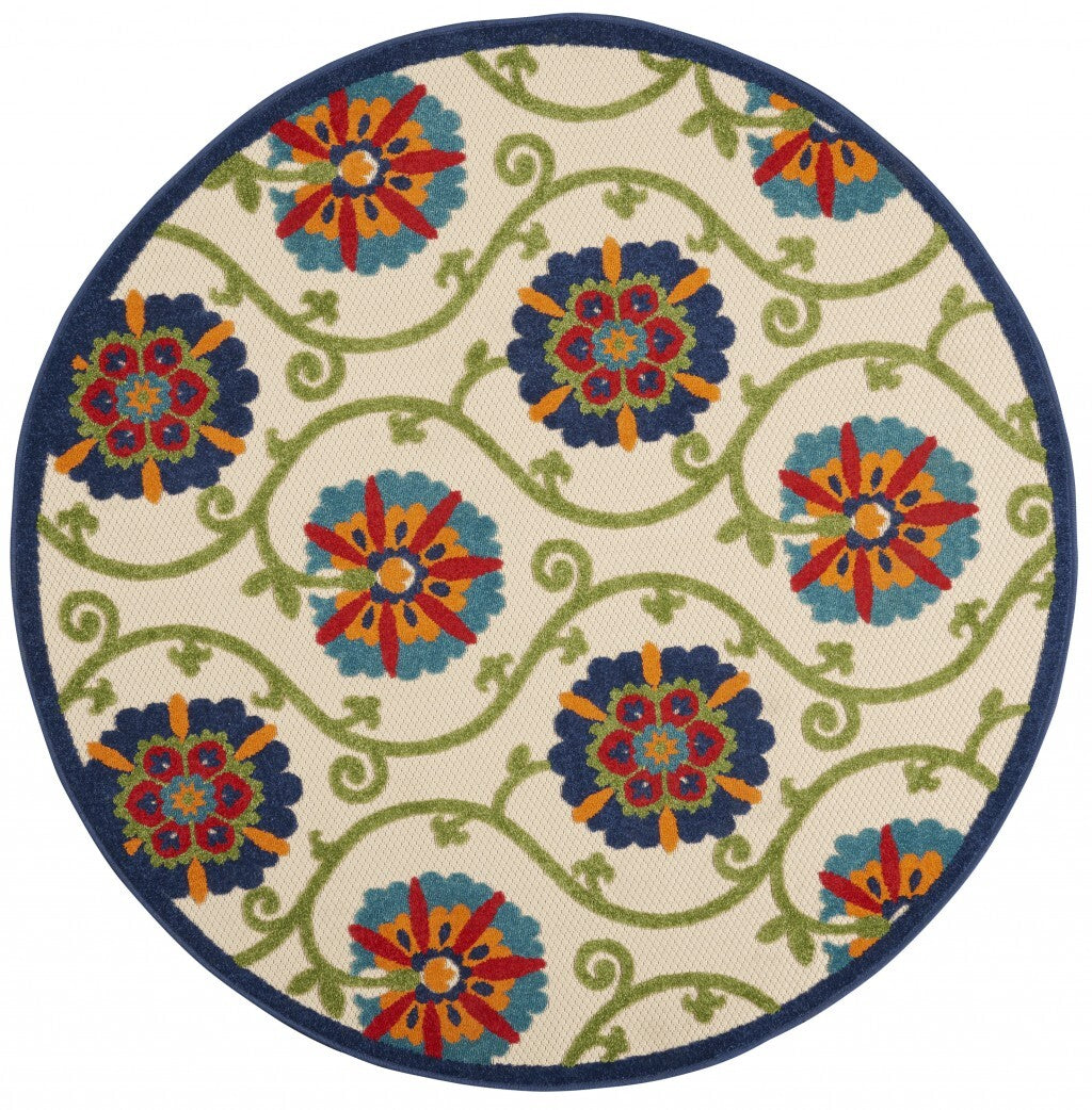 4' Round Blue Vines Indoor Outdoor Area Rug