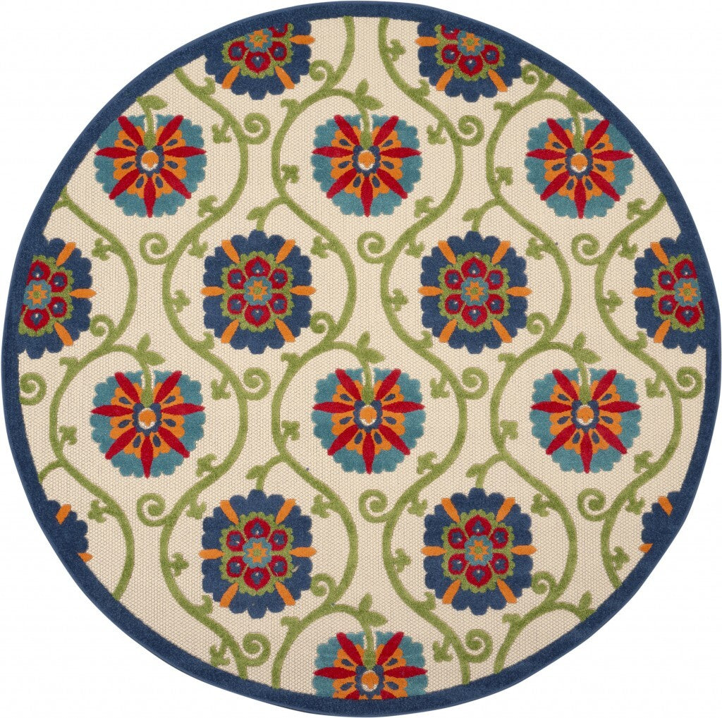 8' Round Blue Vines Indoor Outdoor Area Rug