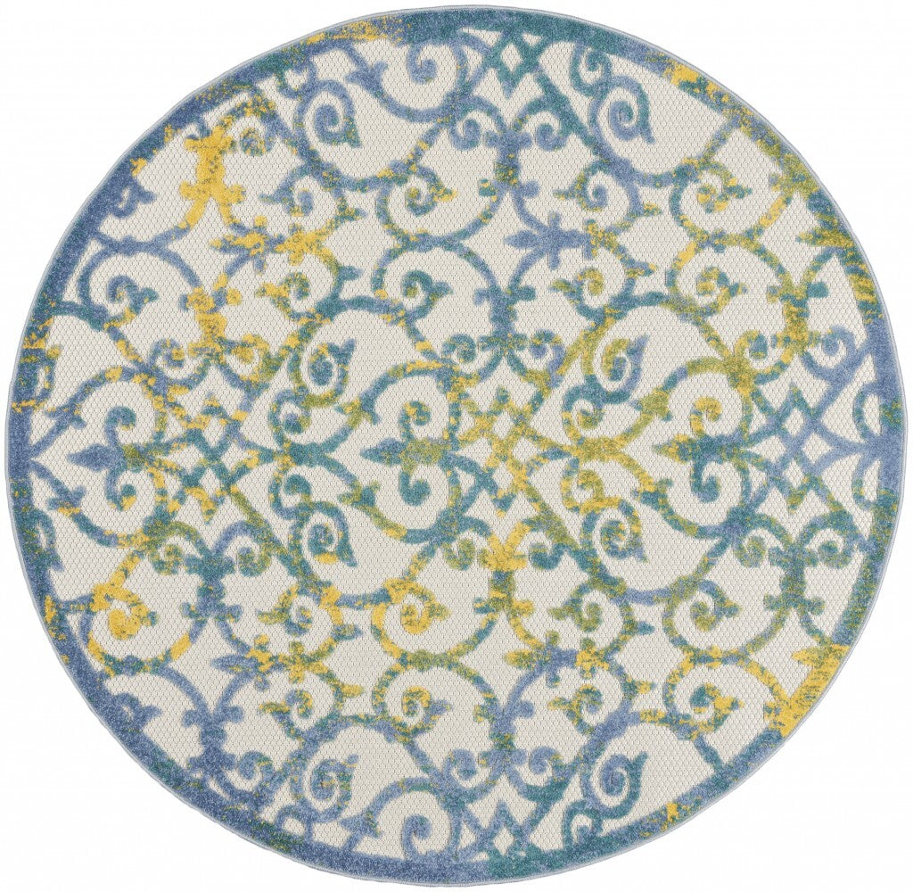 4' Round Ivory And Blue Indoor Outdoor Area Rug