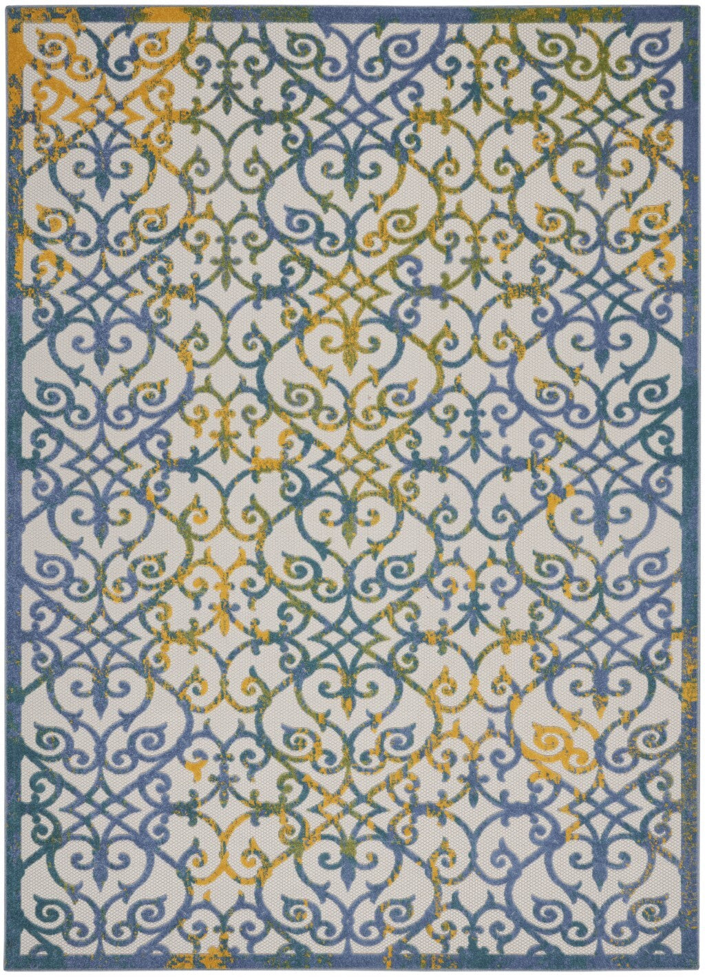 7' X 10' Ivory And Blue Indoor Outdoor Area Rug