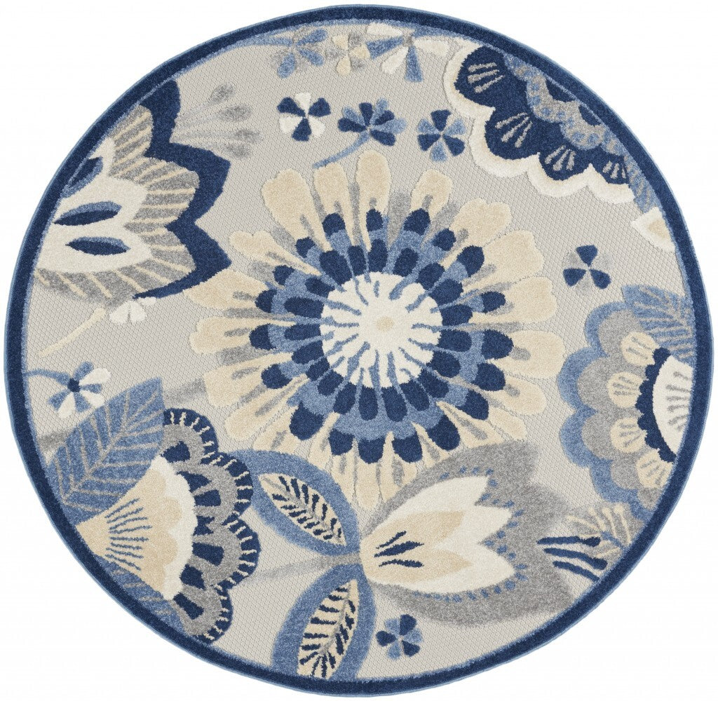 4' Round Blue And Gray Indoor Outdoor Area Rug