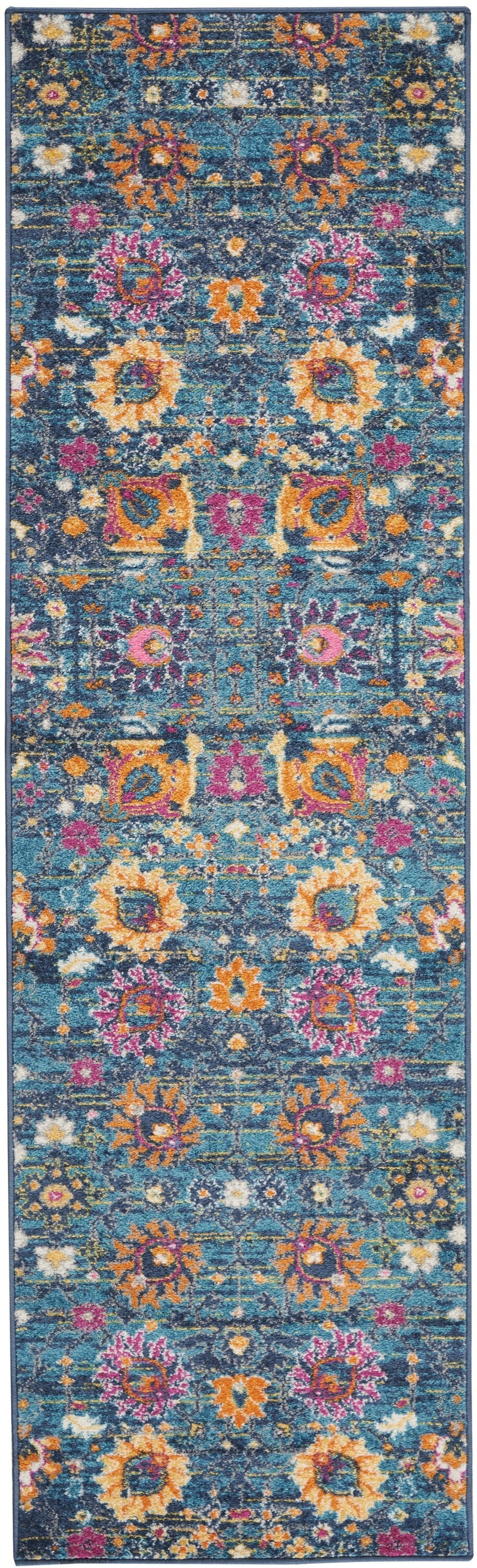 2' X 10' Denim Blue Florals Distressed Runner Rug