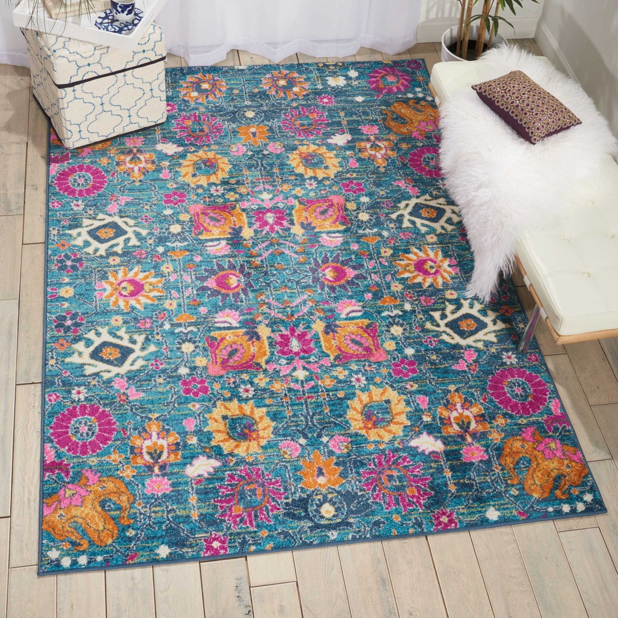 7' X 10' Denim Blue Florals Distressed Area Rug