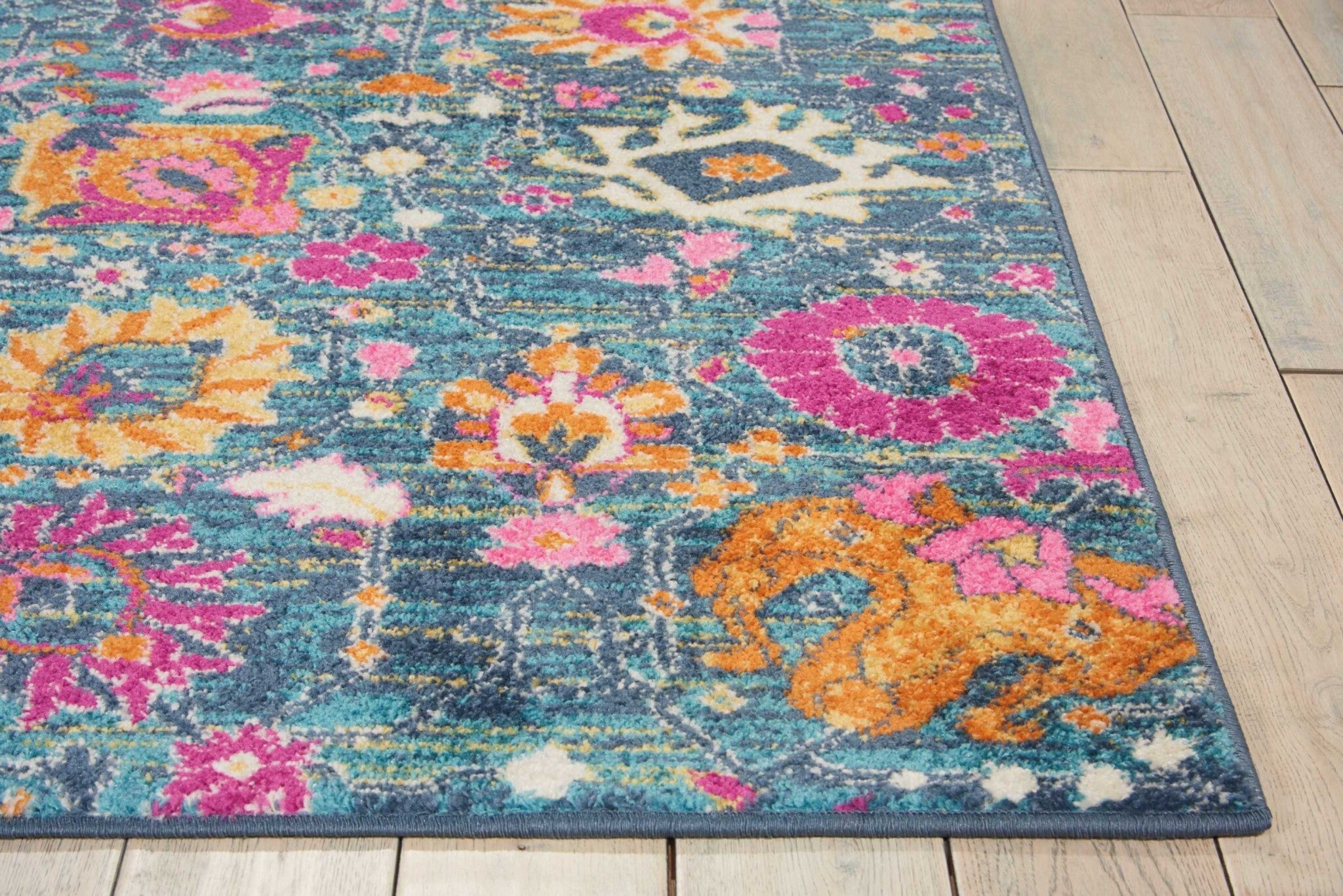 7' X 10' Denim Blue Florals Distressed Area Rug