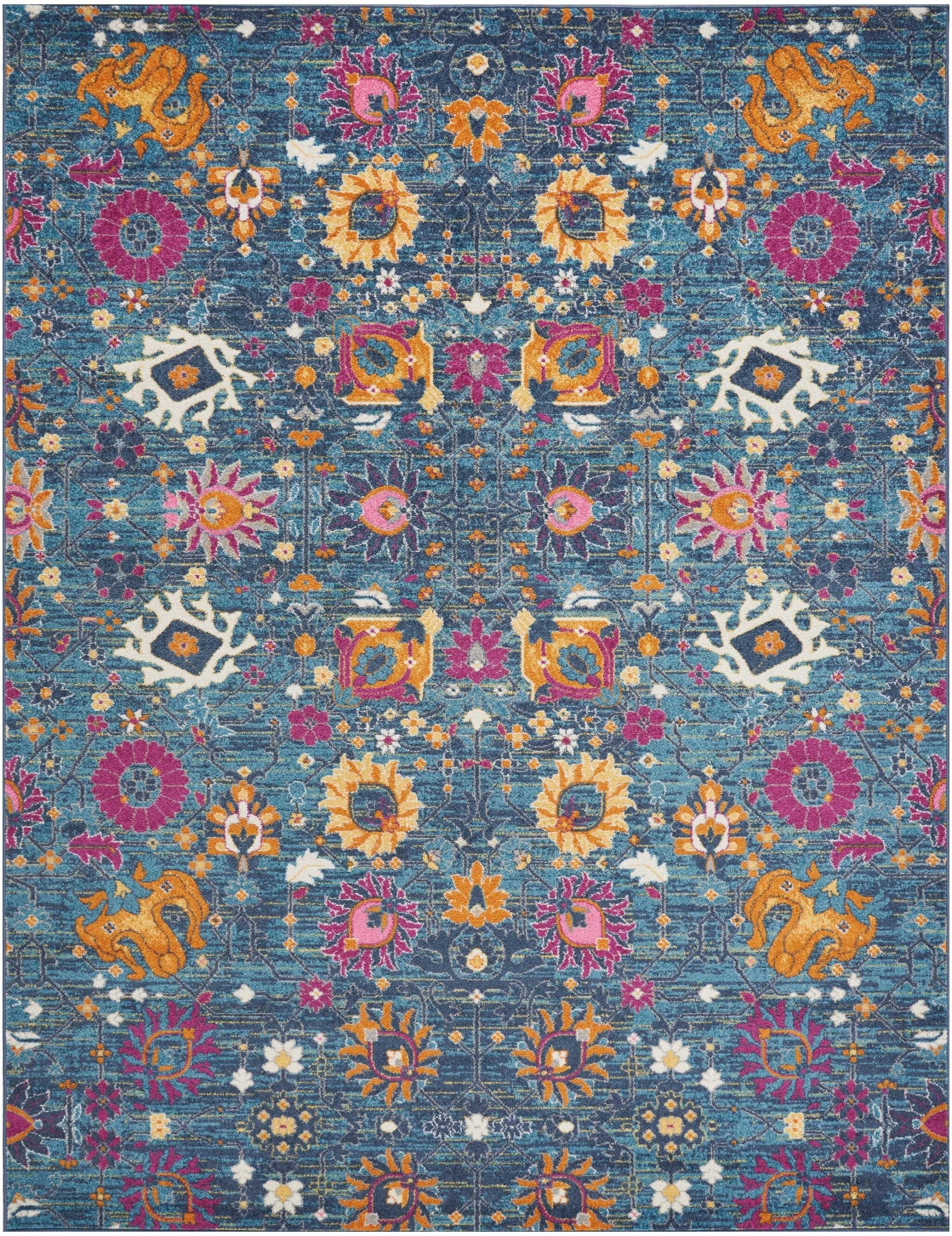 8' X 10' Denim Blue Florals Distressed Area Rug