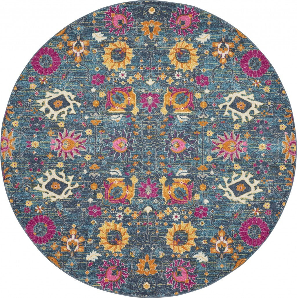 8' Round Denim Blue Florals Distressed Area Rug