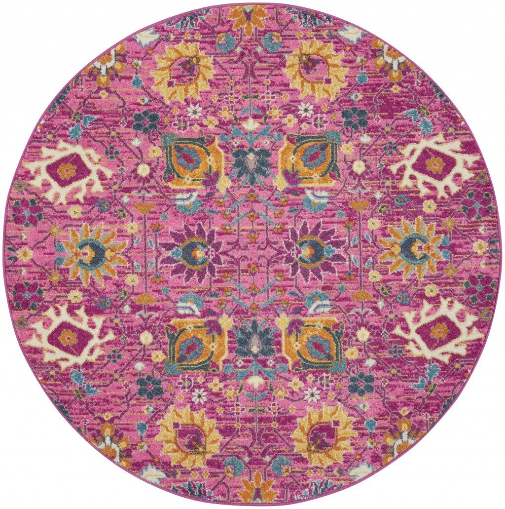 5' Round Fuchsia And Orange Distressed Area Rug