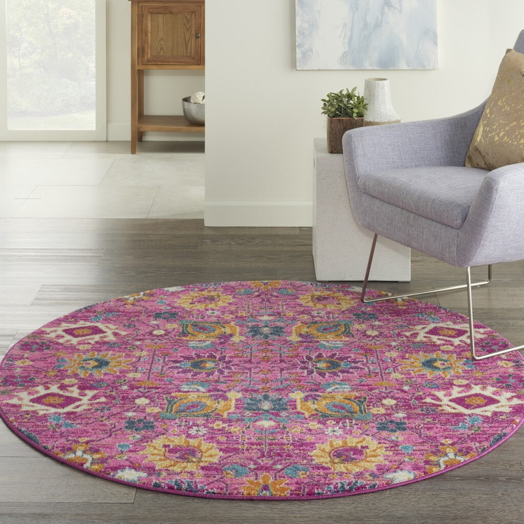 5' Round Fuchsia And Orange Distressed Area Rug