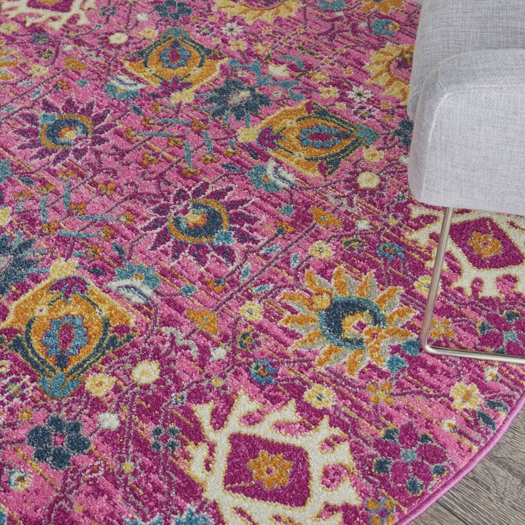 5' Round Fuchsia And Orange Distressed Area Rug