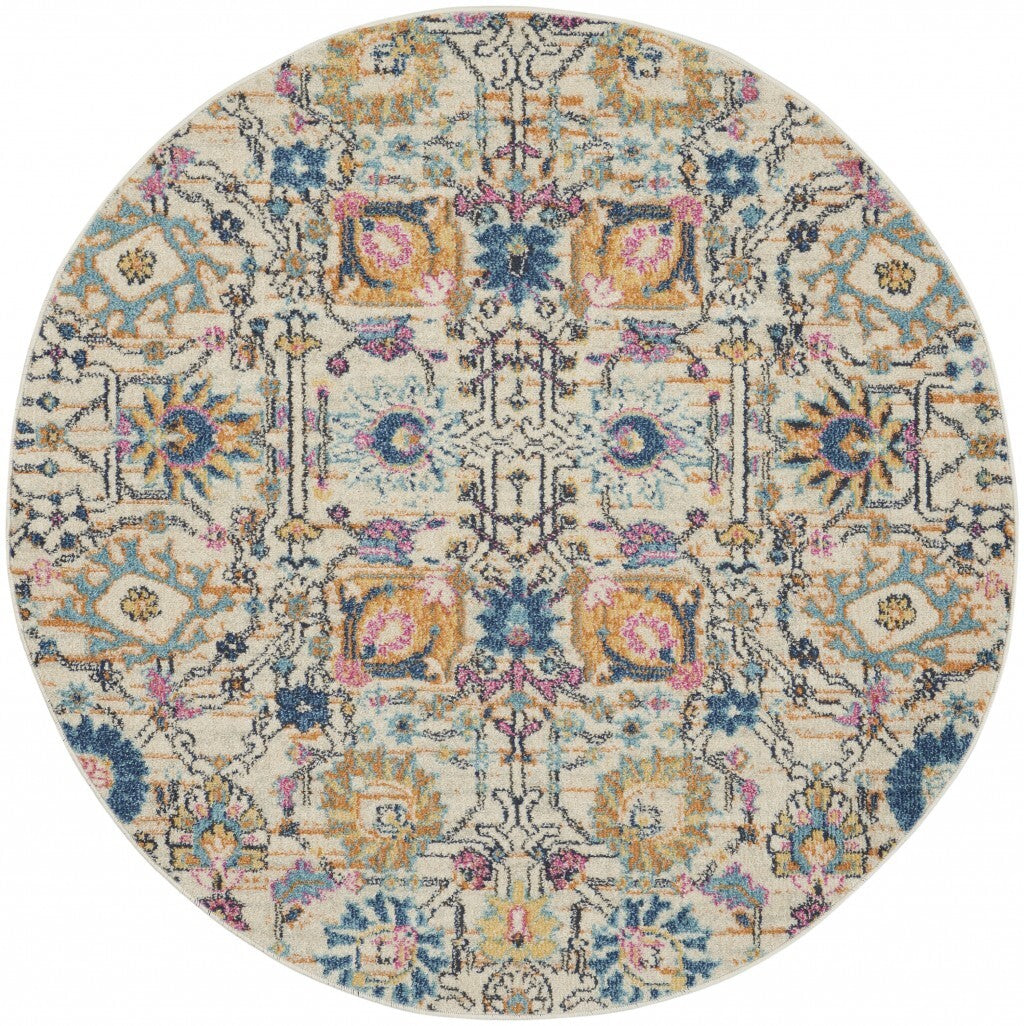 5' Round Ivory And Multicolor Floral Buds Area Rug