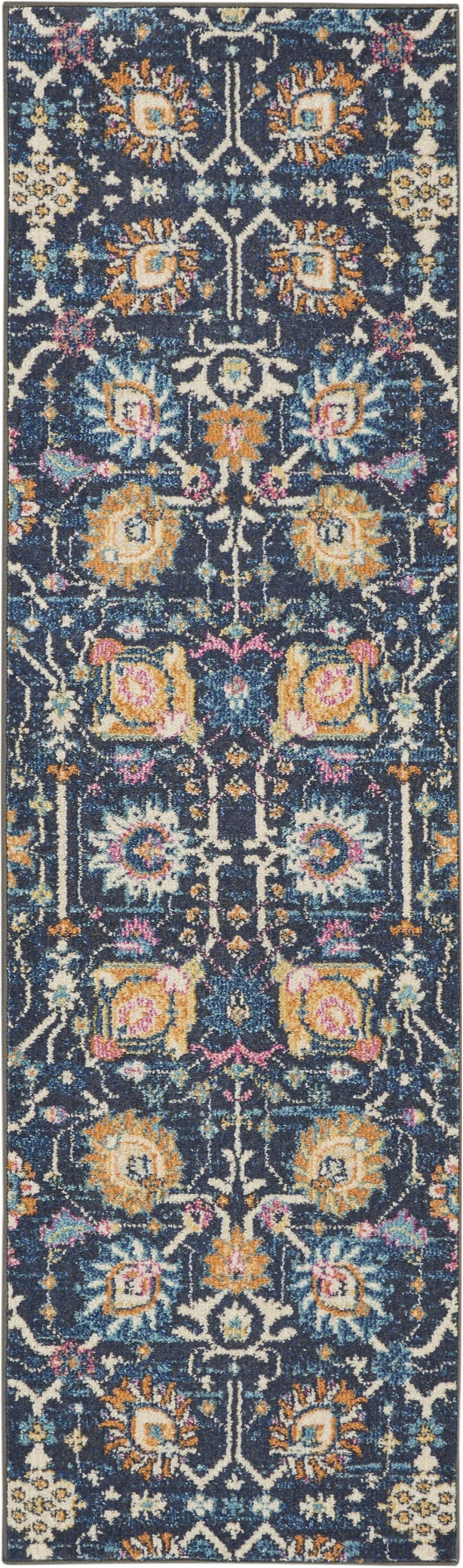 2' X 8' Navy Blue Floral Buds Runner Rug