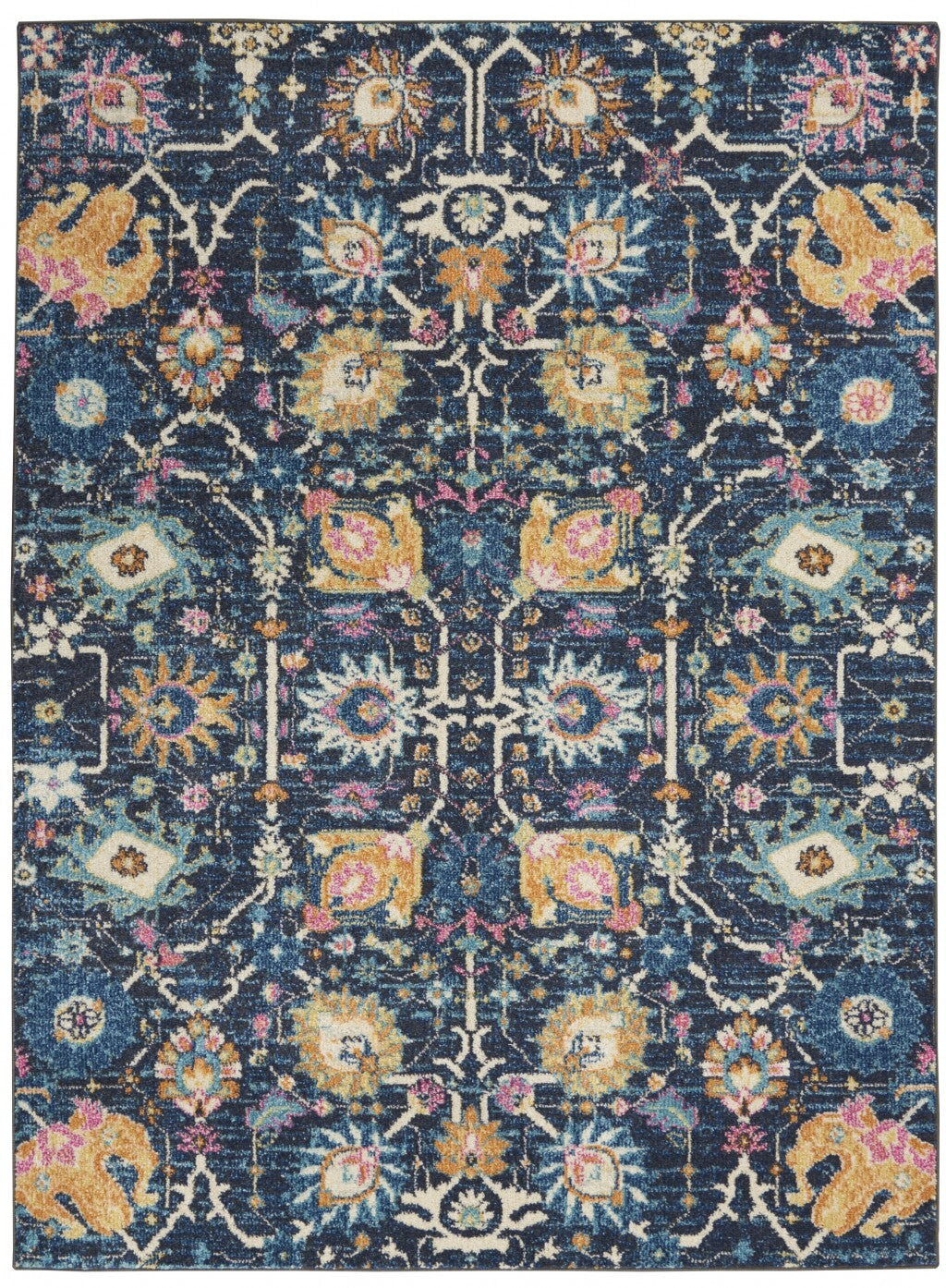 5' X 7' Navy Blue Floral Buds Area Rug