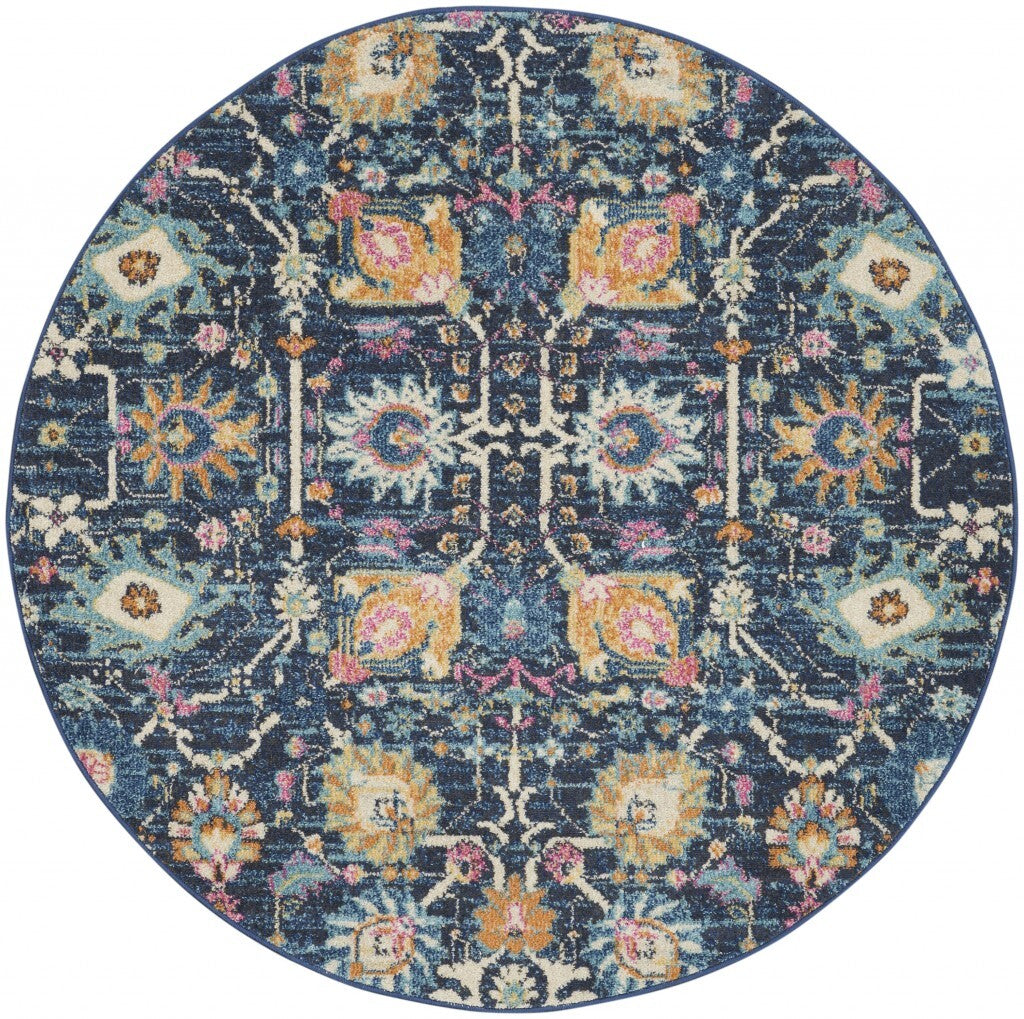 5' Round Navy Blue Floral Buds Area Rug