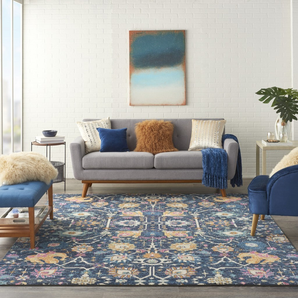 7' X 10' Navy Blue Floral Buds Area Rug