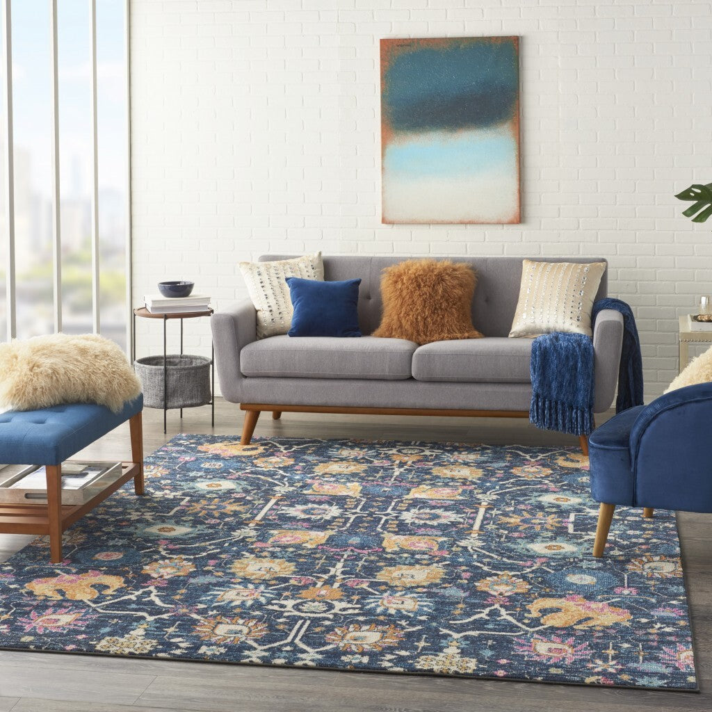 7' X 10' Navy Blue Floral Buds Area Rug