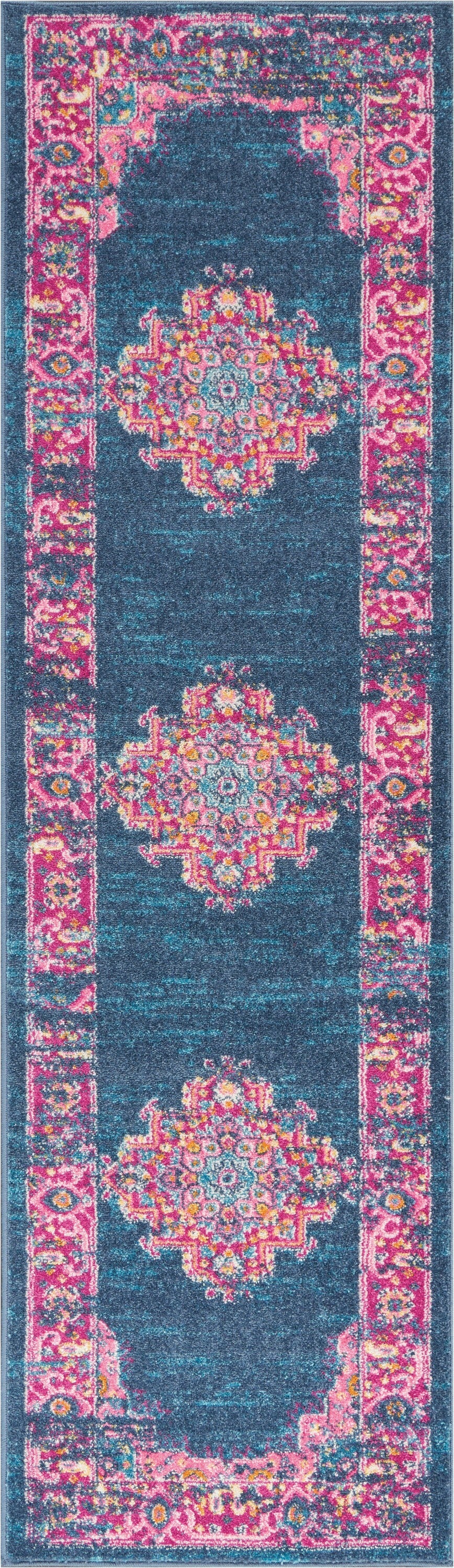 2' X 10' Blue And Pink Medallion Runner Rug