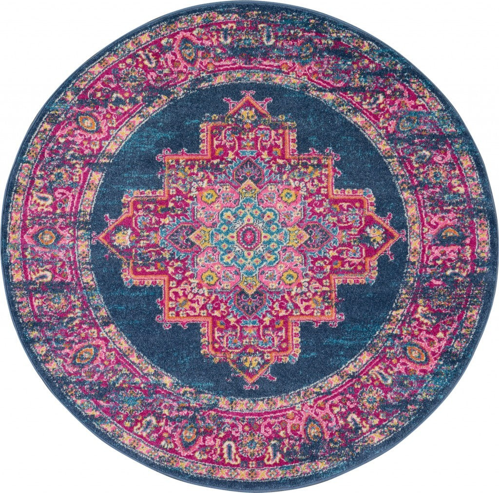 5' Round Blue And Pink Medallion Area Rug