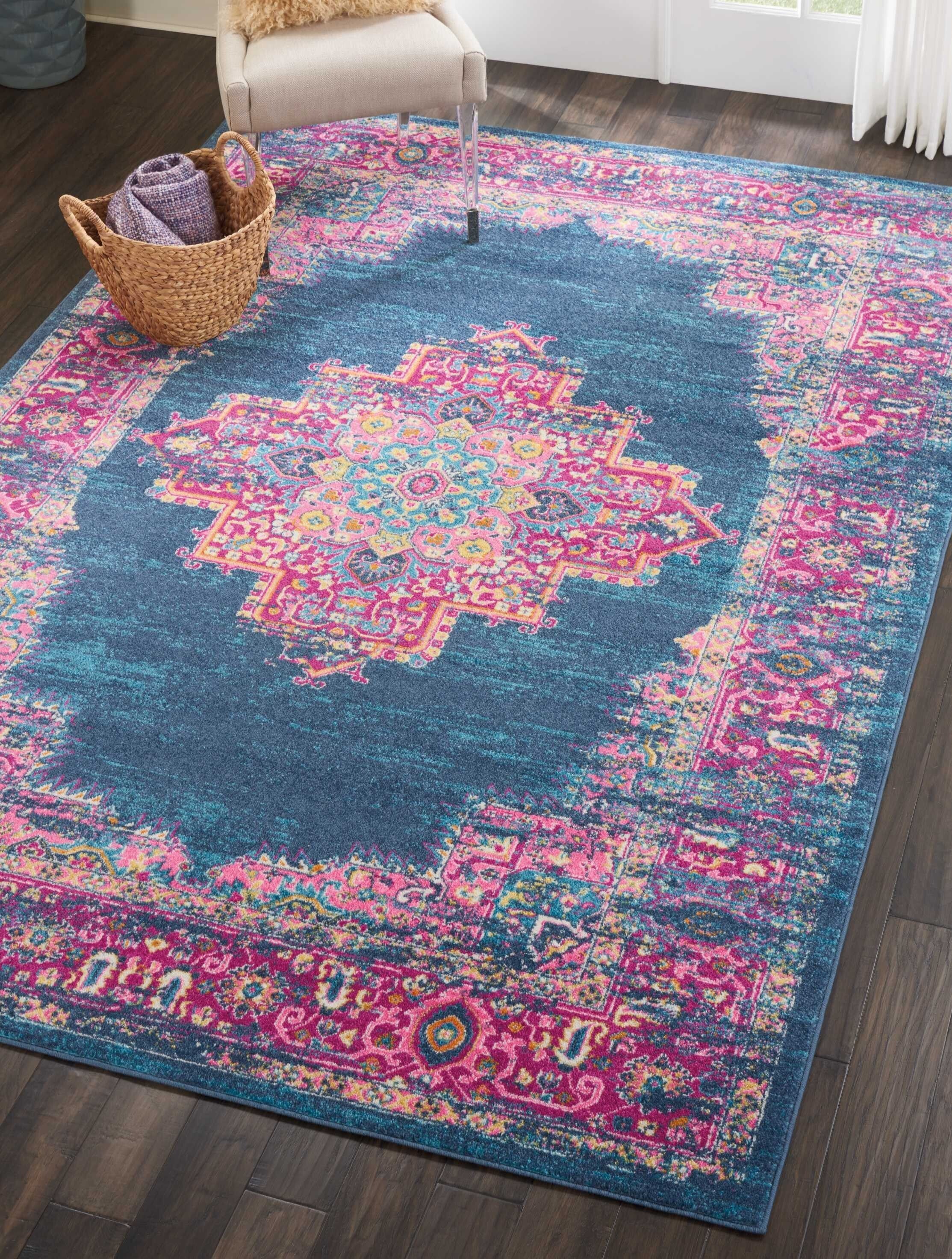 7' X 10' Blue And Pink Medallion Area Rug