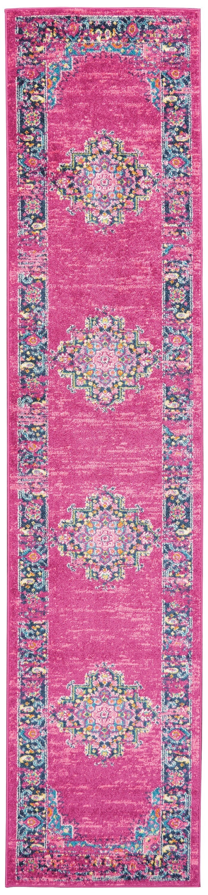 2' X 10' Fuchsia And Blue Distressed Runner Rug