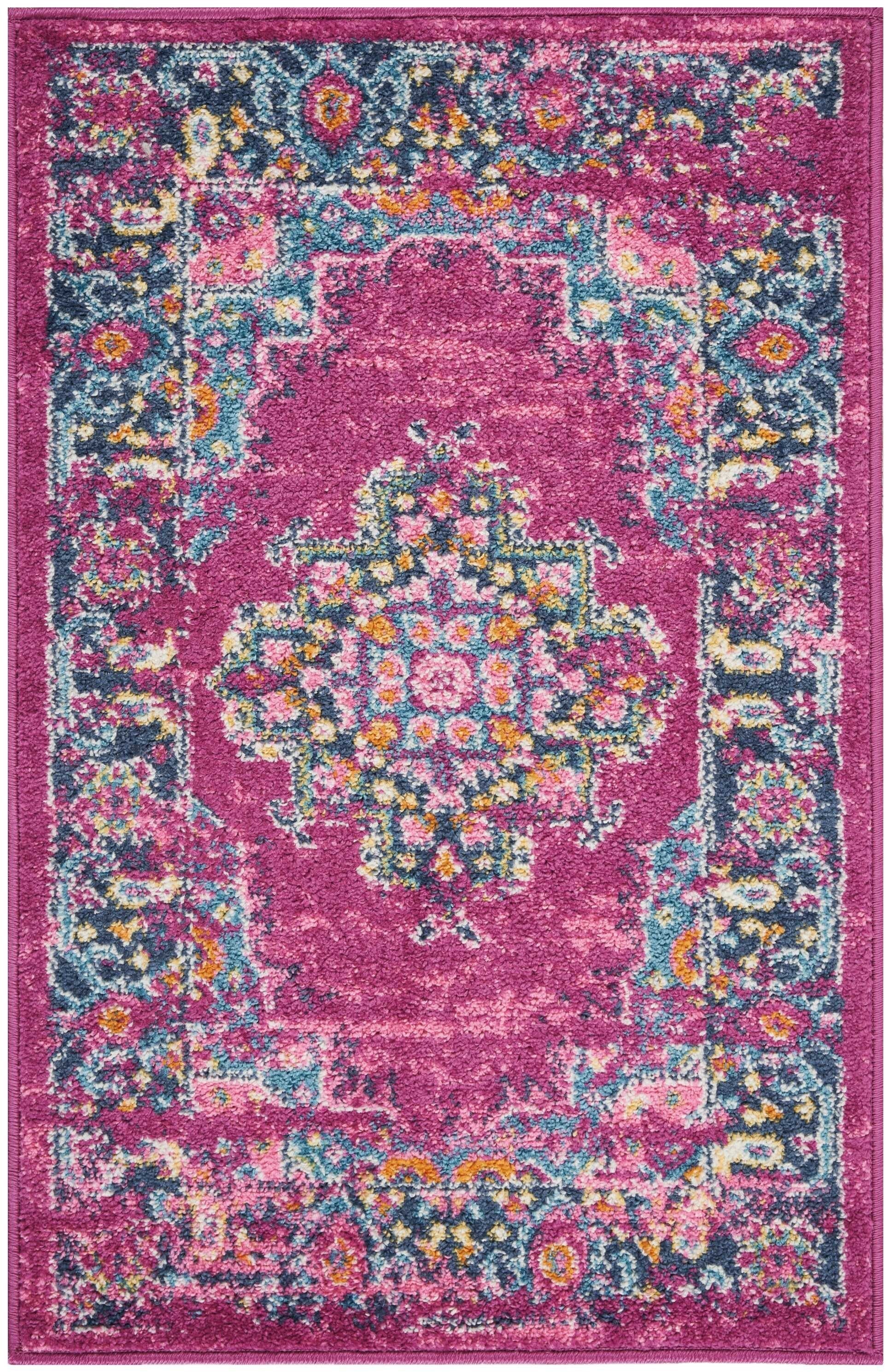 2' X 3' Fuchsia And Blue Distressed Scatter Rug