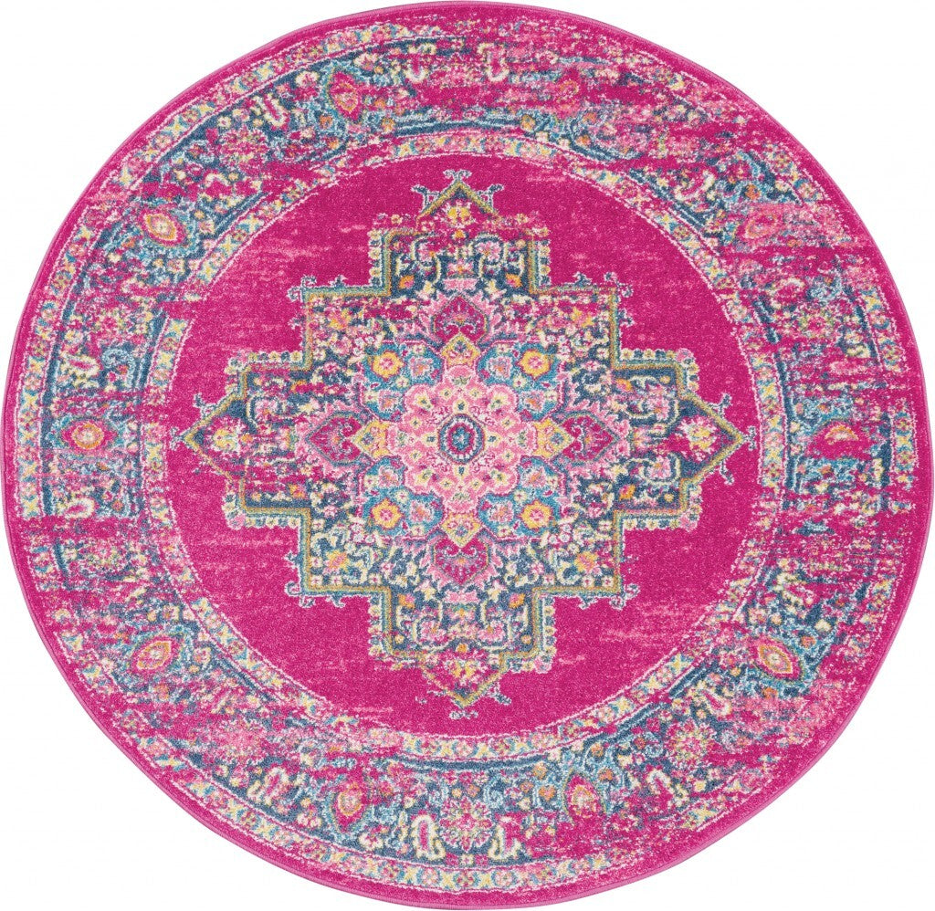 4' Round Fuchsia And Blue Distressed Area Rug