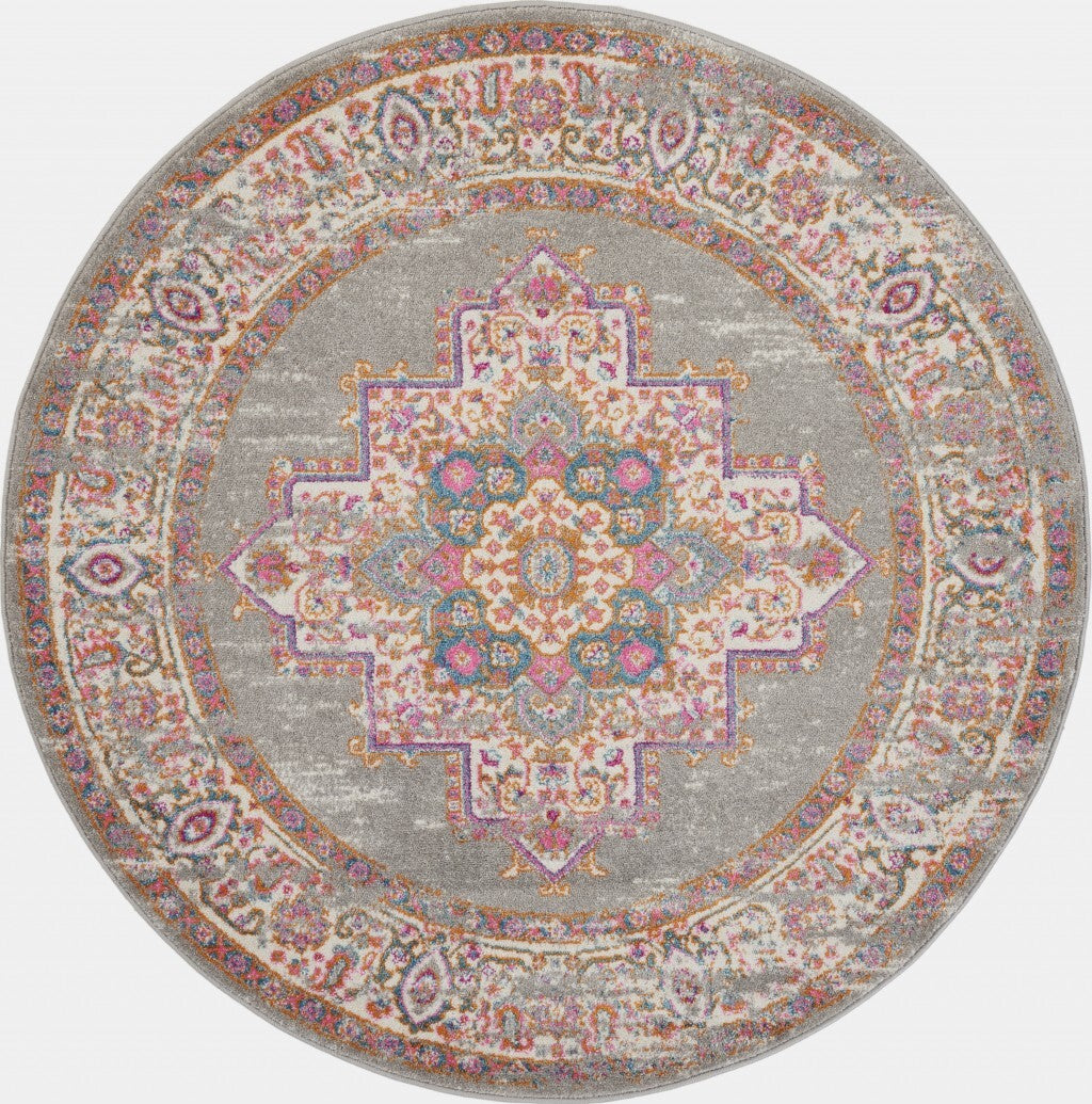 5' Round Gray And Gold Medallion Area Rug