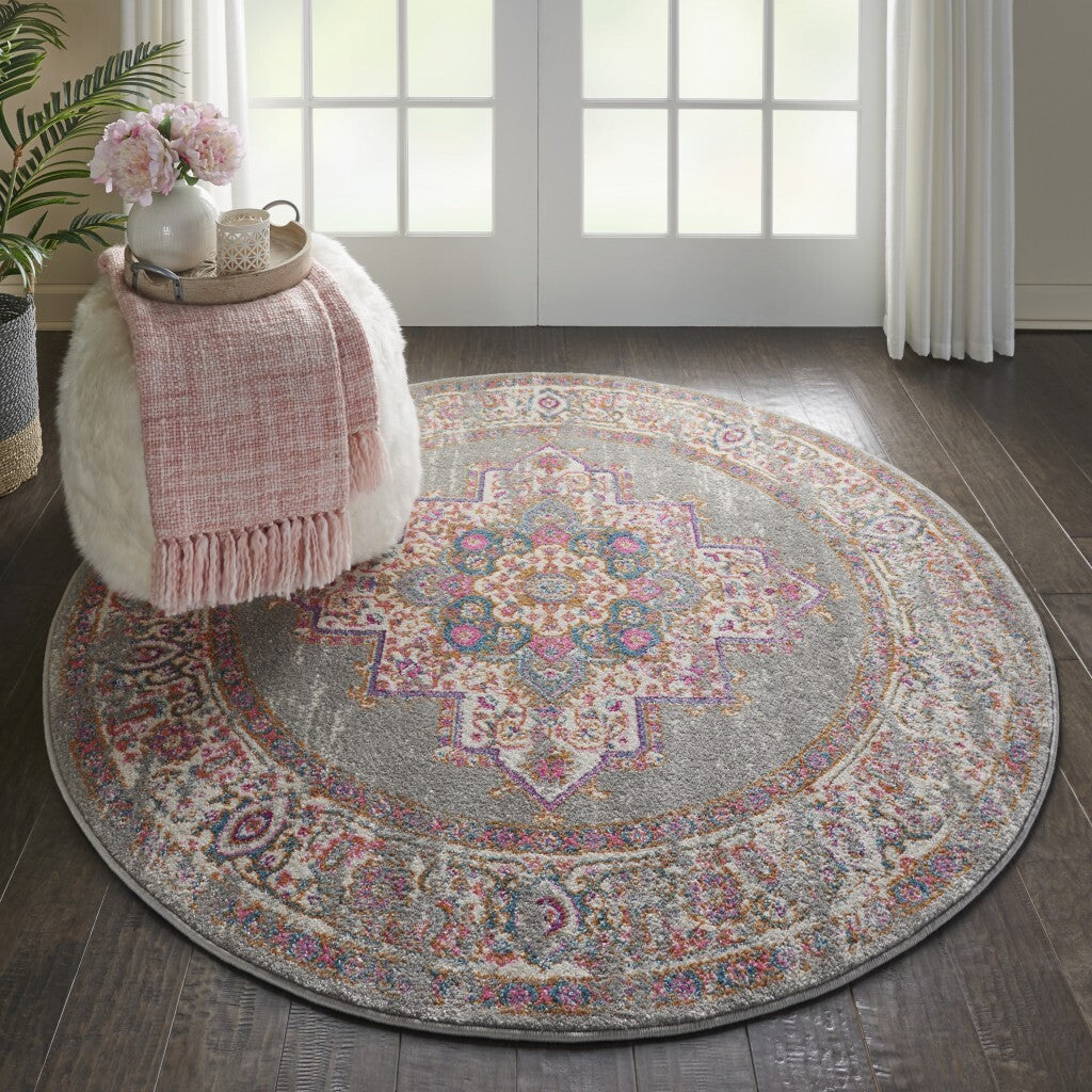 5' Round Gray And Gold Medallion Area Rug