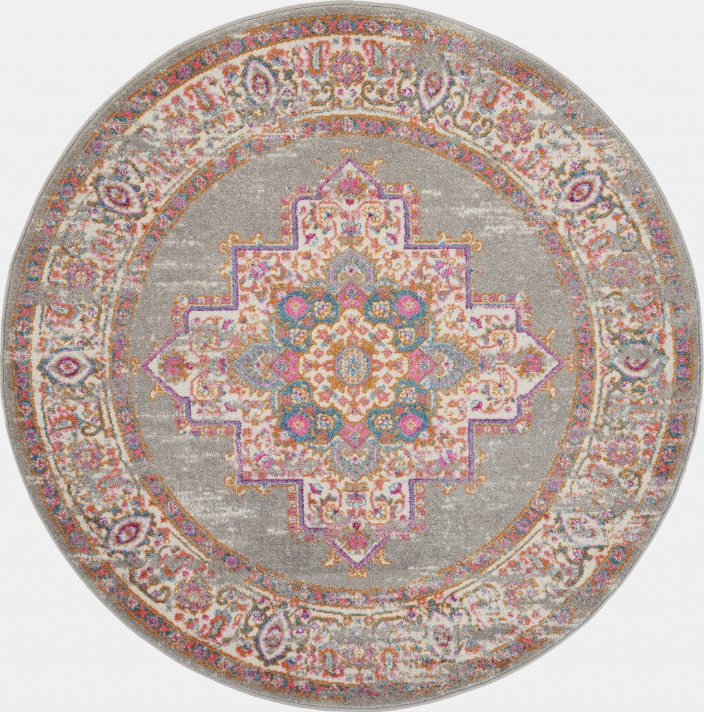 8' Round Gray And Gold Medallion Area Rug