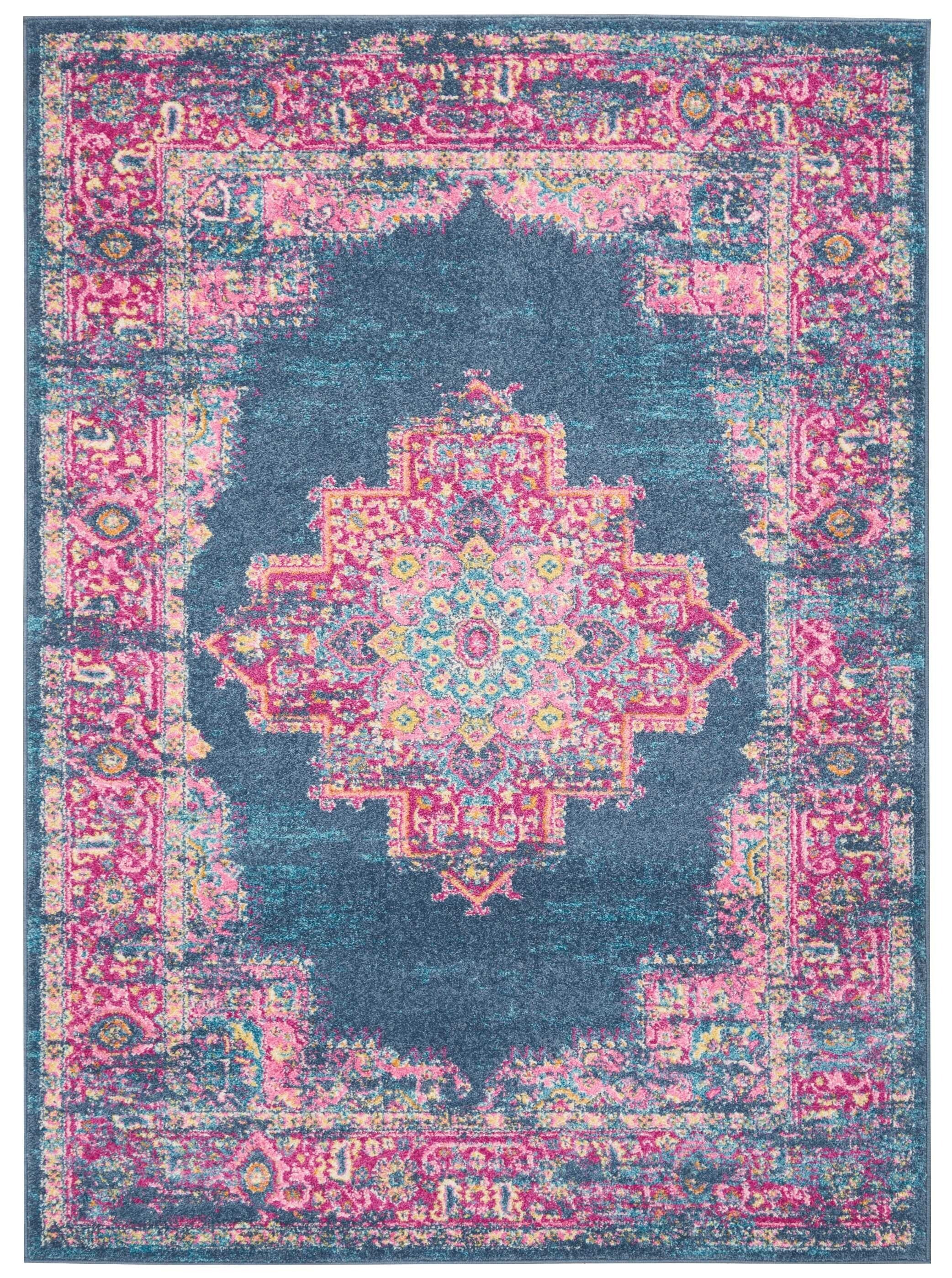 5' X 7' Blue And Pink Medallion Area Rug