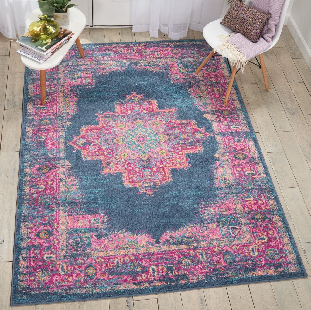 5' X 7' Blue And Pink Medallion Area Rug
