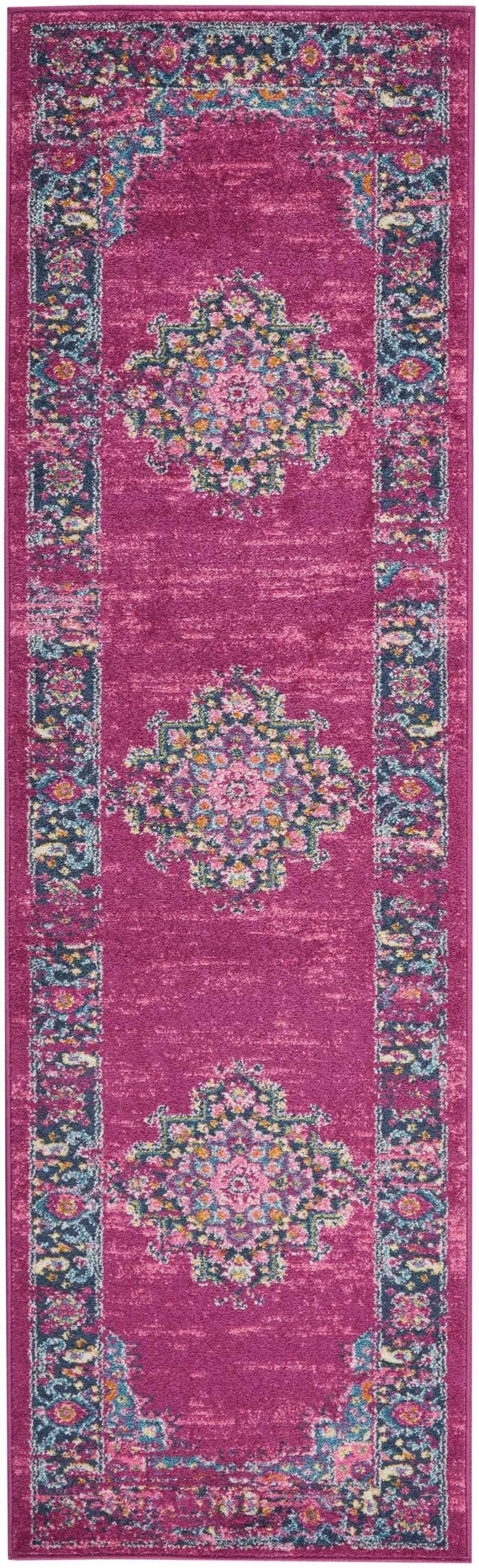 2' X 8' Fuchsia And Blue Distressed Runner Rug