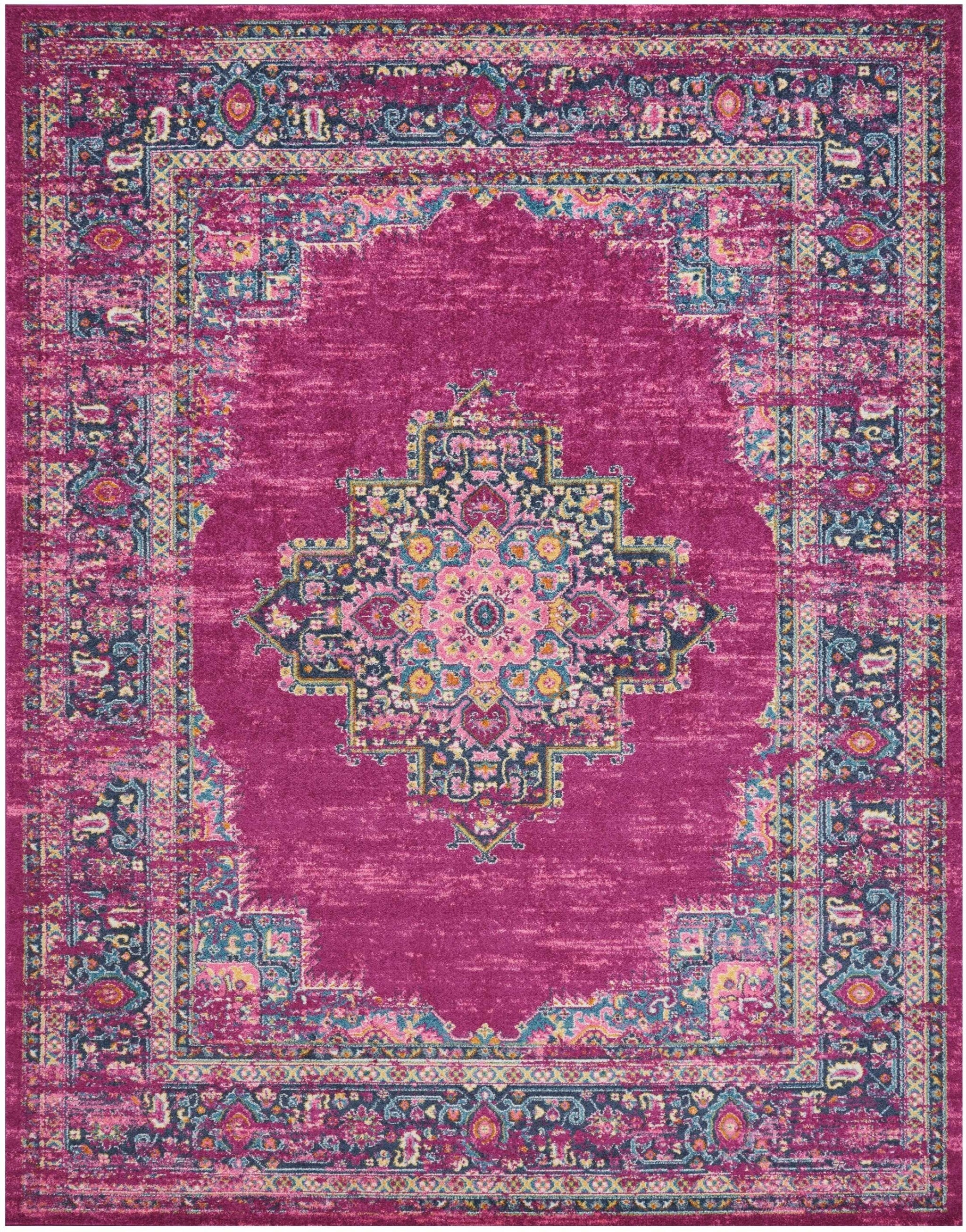 8' X 10' Fuchsia And Blue Distressed Area Rug