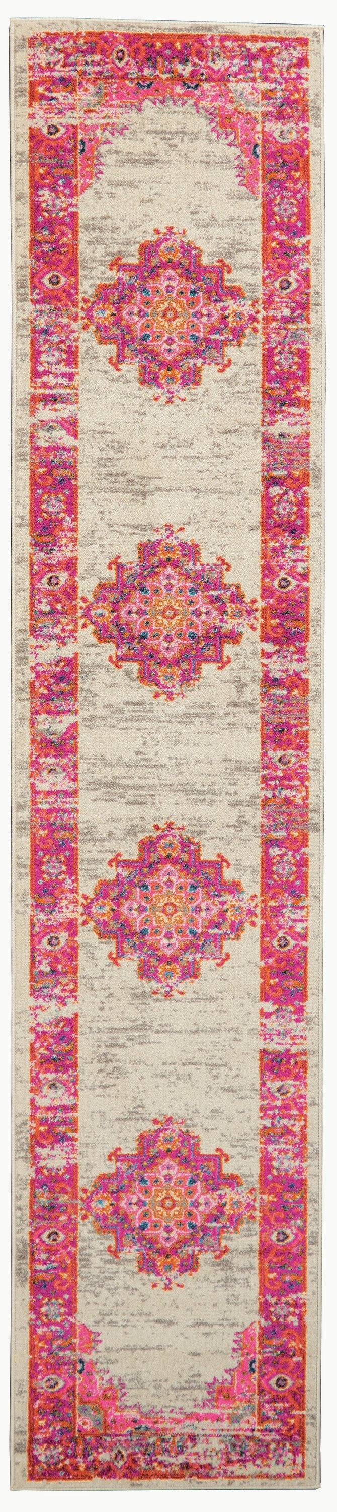 2' X 8' Ivory And Fuchsia Distressed Runner Rug