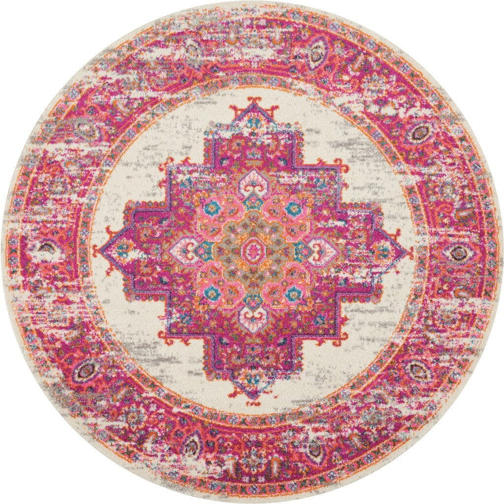 4' Round Ivory And Fuchsia Distressed Area Rug