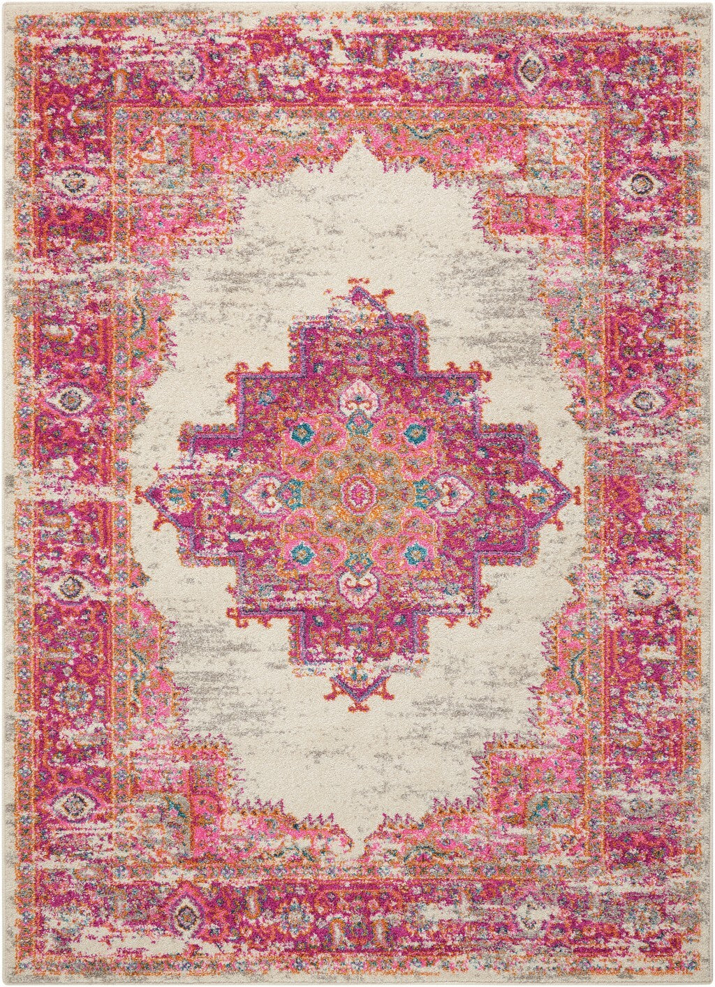 5' X 7' Ivory And Fuchsia Distressed Area Rug