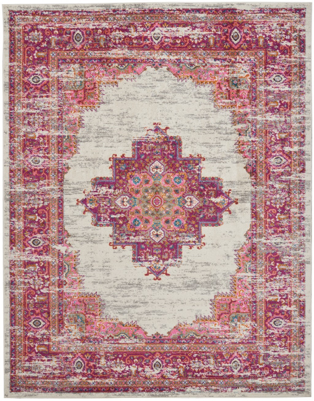 7' X 10' Ivory And Fuchsia Distressed Area Rug